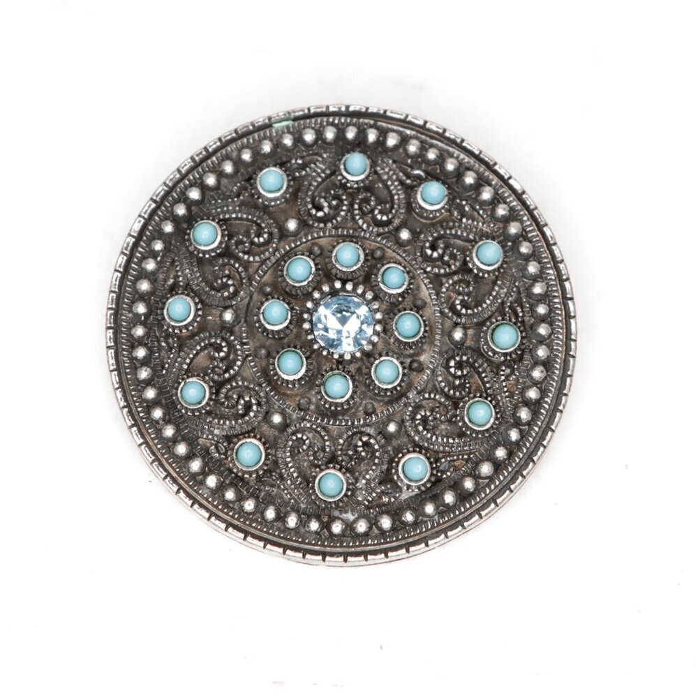 Vintage Celtic Circle Antiqued Silver Pendant Blue Turquoise Stones Gems Round